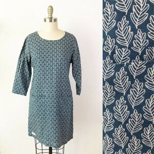 Breakburn Blue Oak Leaf Print 3/4 Sleeves Shift Dress Autumn Tunic Casual Pocket